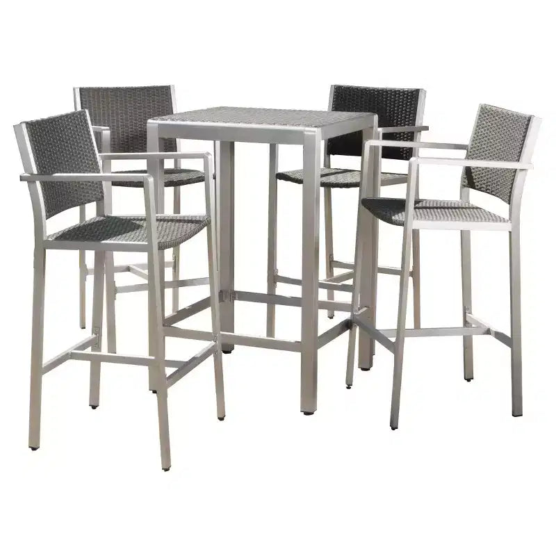 Ensemble de bar de patio 5 pièces Cape Coral en osier/métal résistant aux intempéries avec 4 tabourets - Gris - Christopher Knight Home