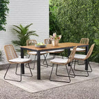 Bleckley 7pc Outdoor Wicker Dining Set - Light Brown/Beige/Teak - Christopher Knight Home: Rattan Patio Furniture Set with Acacia Table Top