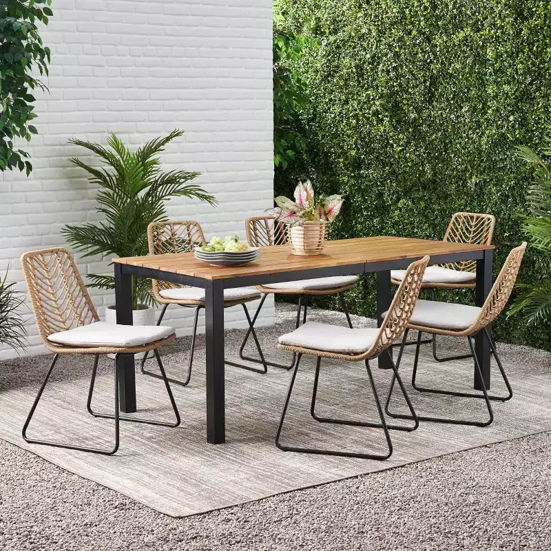 Bleckley 7pc Outdoor Wicker Dining Set - Light Brown/Beige/Teak - Christopher Knight Home: Rattan Patio Furniture Set with Acacia Table Top