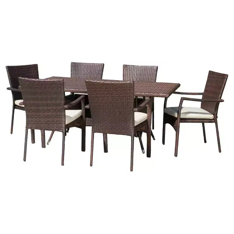 Ensemble de salle à manger d'extérieur en osier 7 pièces Thompson avec coussins - Marron - Christopher Knight Home : Résistant aux intempéries, 6 fauteuils, quincaillerie en acier galvanisé