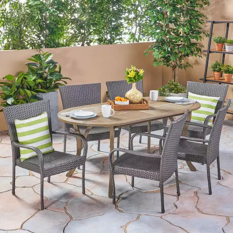 Ensemble de salle à manger Jasper 7 pièces en acacia et osier : Christopher Knight Home, ensemble de patio résistant aux intempéries