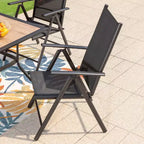 Ensemble de patio 5 pièces avec table carrée en faux bois et chaises longues inclinables en textilène avec accoudoirs - Captiva Designs : Repas en extérieur, résistant aux intempéries