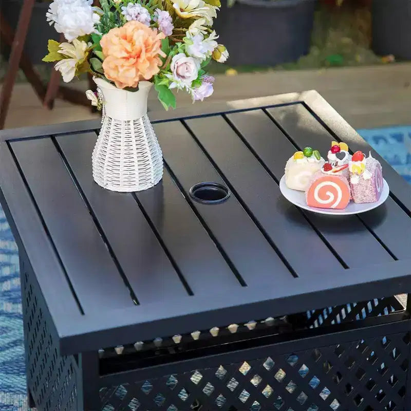 Ensemble de salle à manger 3 pièces avec table carrée de 56 cm avec trou pour parasol et 2 chaises en rotin – Noir – Captiva Designs