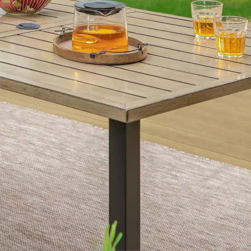 7pc Patio Dining Set with Rectangular Faux Wood Table with Umbrella Hole & Chairs - Captiva Designs: Weather-Resistant, Steel Frame