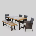 Jennys 6pc Acacia/Wicker Patio Dining Set - Brown - Christopher Knight Home: Weather-Resistant, Iron Frame, Bench Included