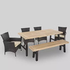 Ensemble de salle à manger 6 pièces Jack en bois d'acacia et osier – Marron – Christopher Knight Home : Banc, résistant aux intempéries, acier galvanisé