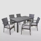 Ensemble de salle à manger extensible 7 pièces Davenport en bois et osier pour patio, gris : table en acacia, trou pour parasol - Christopher Knight Home