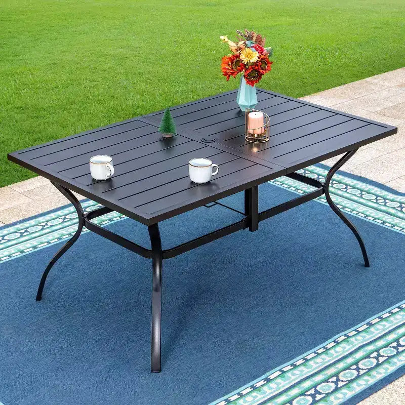 Ensemble table rectangulaire d'extérieur 7 pièces et 6 chaises à motifs rayés - Noir - Captiva Designs : Ensemble de repas de patio, résistant aux intempéries