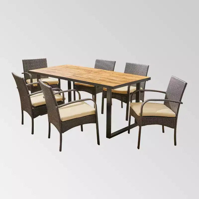 Ensemble de salle à manger rectangulaire 7 pièces en bois d'acacia et osier Heron – Teck/Marron – Christopher Knight Home : Résistant aux intempéries avec coussins