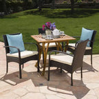 Hartford 5pc Acacia Wood and Wicker Dining Set - Teak/Cream - Christopher Knight Home: Weather-Resistant, 4 Arm Chairs & Square Table