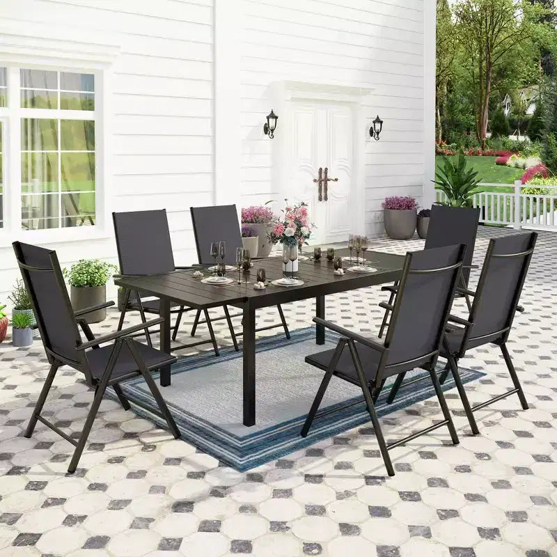 7pc Patio Dining Set with Expandable Table & Reclining Chairs: E-Coated Metal, Weather-Resistant - Captiva Designs