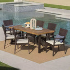 Laguna 7pc Acacia Wood/Wicker Patio Dining Set - Brown/Cream - Christopher Knight Home: Weather-Resistant, 6 Arm Chairs