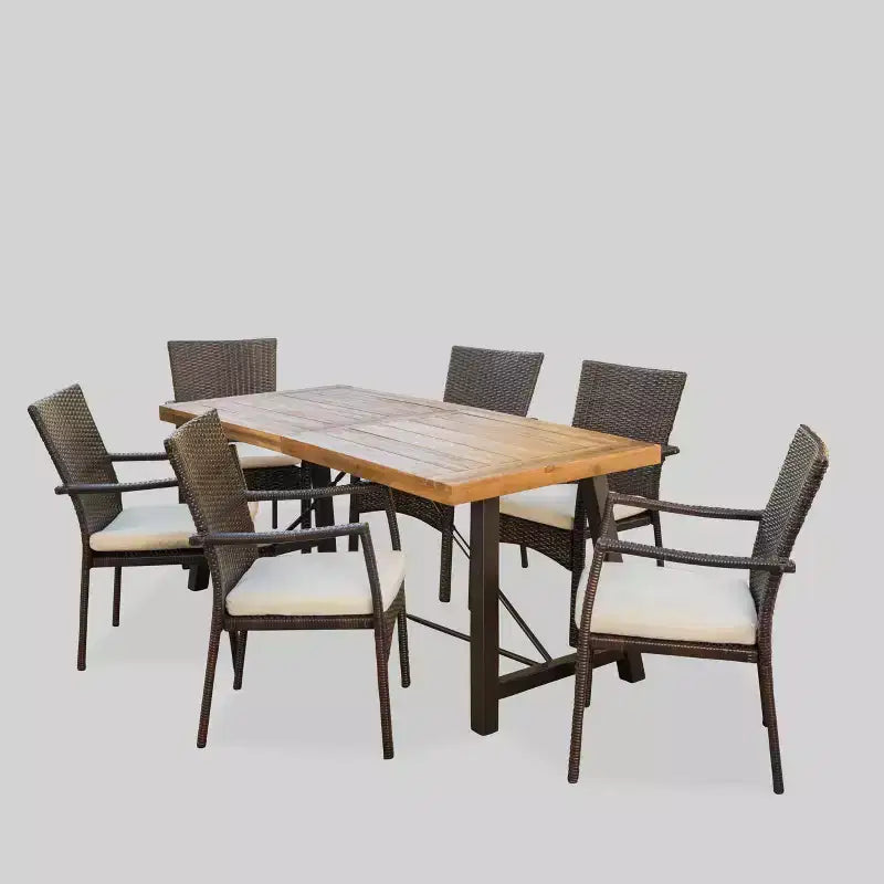 Ensemble de salle à manger d'extérieur 7 pièces Laguna en bois d'acacia/osier – Marron/Crème – Christopher Knight Home : Résistant aux intempéries, 6 fauteuils