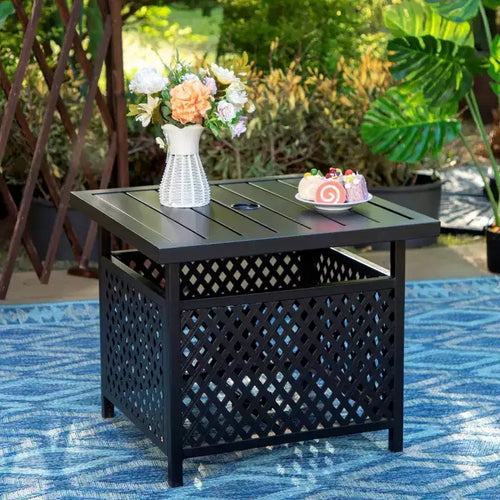 Ensemble de salle à manger de patio en fer forgé 3 pièces avec table carrée avec trou pour parasol et chaises pivotantes - Captiva Designs
