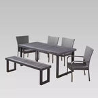 Ensemble de salle à manger Nestor 6 pièces avec chaises et banc en bois et osier : Résistant aux intempéries, acier galvanisé - Christopher Knight Home