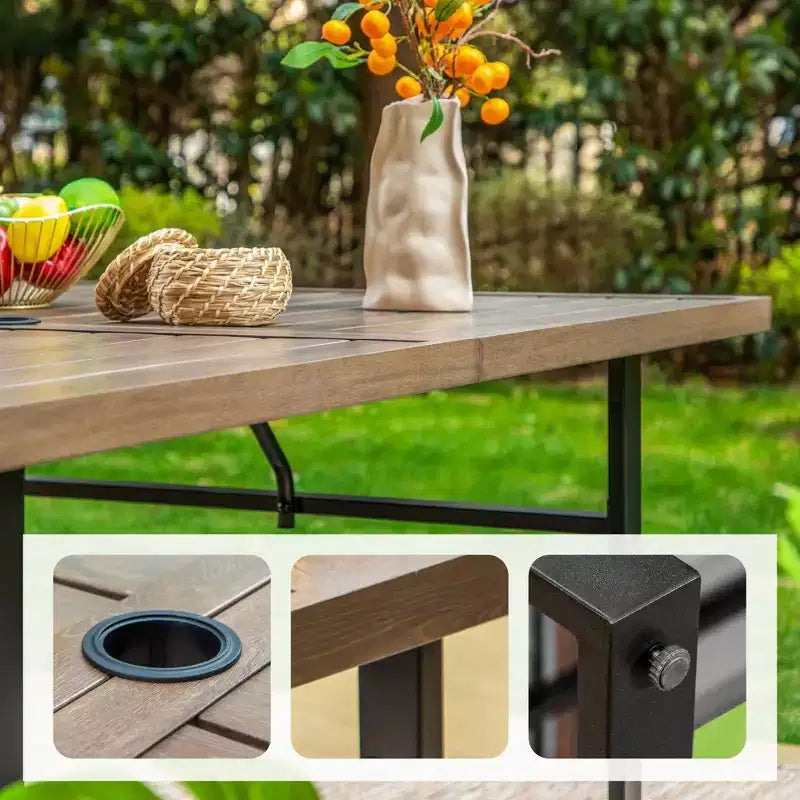 7pc Patio Dining Set with Faux Wood Rectangular Table with Umbrella Hole & Folding Reclining Chairs - Captiva Designs