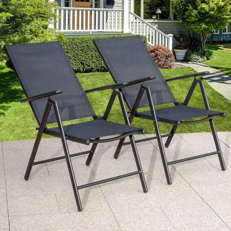 7pc Patio Dining Set with Faux Wood Rectangular Table with Umbrella Hole & Folding Reclining Chairs - Captiva Designs