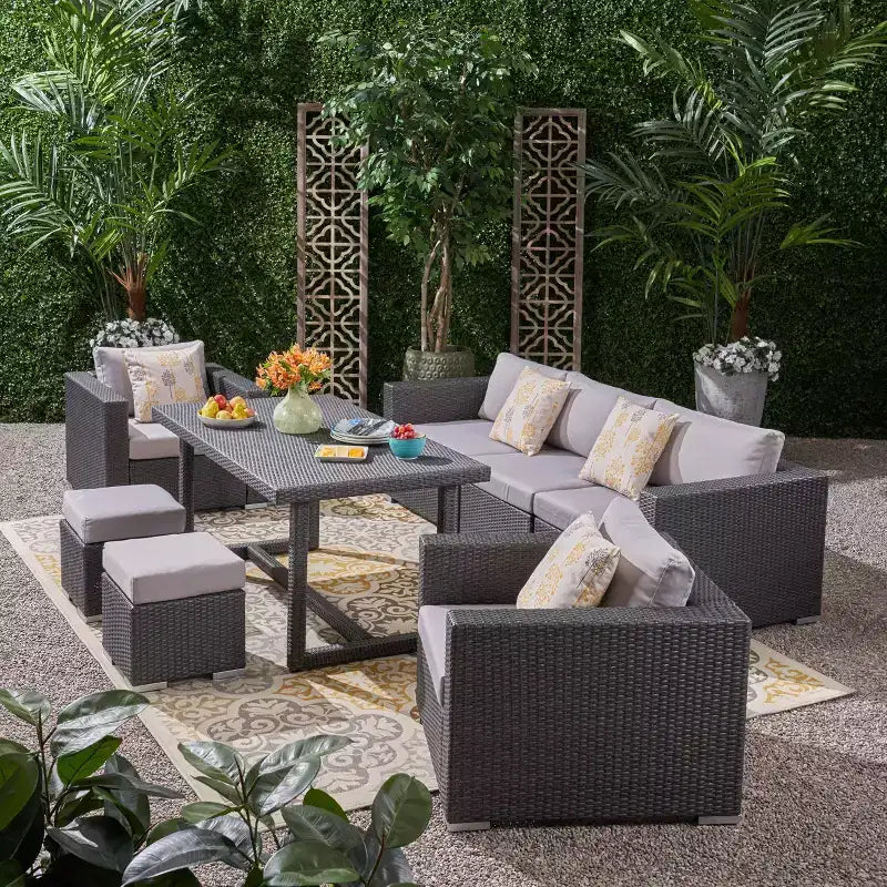 Santa Rosa - Ensemble Repas/Canapé 8 pièces en rotin et aluminium - Gris/Argenté - Christopher Knight Home : Salon de jardin avec coussins amovibles