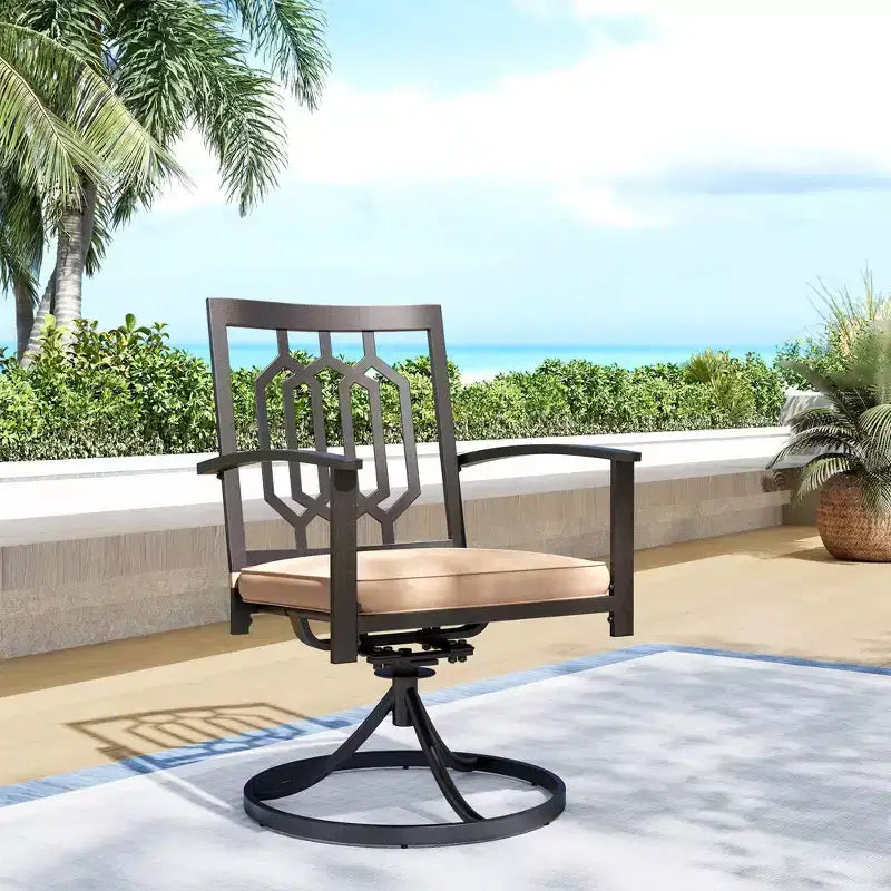 Ensemble de salle à manger d'extérieur 7 pièces avec table rectangulaire avec trou pour parasol de 1,57 po et fauteuils pivotants à 360° en tissu avec dossier à motifs – Captiva Designs