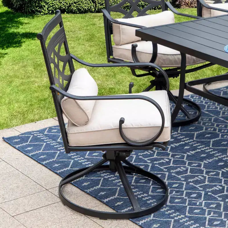 Captiva Designs Ensemble de salle à manger d'extérieur 7 pièces en acier avec chaises pivotantes et coussins noirs : Résistant à la rouille, résistant à l'eau