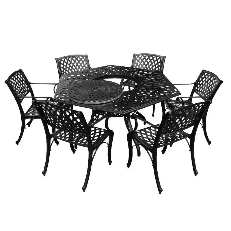 Ensemble de salle à manger de patio 7 pièces avec grande table hexagonale en aluminium maillé orné moderne de 63 po et chaises modernes – Noir – Oakland Living : Résistant aux UV