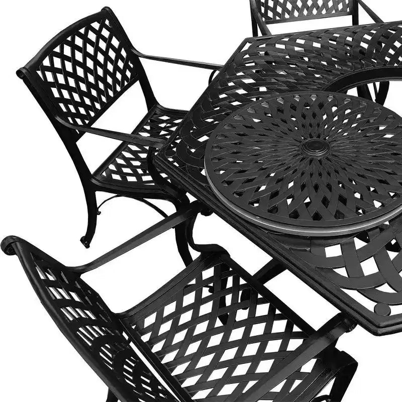 Ensemble de salle à manger de patio 7 pièces avec grande table hexagonale en aluminium maillé orné moderne de 63 po et chaises modernes – Noir – Oakland Living : Résistant aux UV