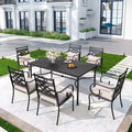 7pc Outdoor Dining Set with 6 Chairs with Seat & Back Cushions & Metal Rectangle Table with Umbrella Hole - Captiva Designs: Powder-Coated