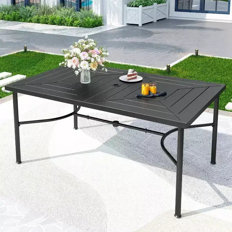 Ensemble de salle à manger d'extérieur 7 pièces avec 6 chaises avec coussins d'assise et de dossier et table rectangulaire en métal avec trou pour parasol - Captiva Designs : Thermolaqué