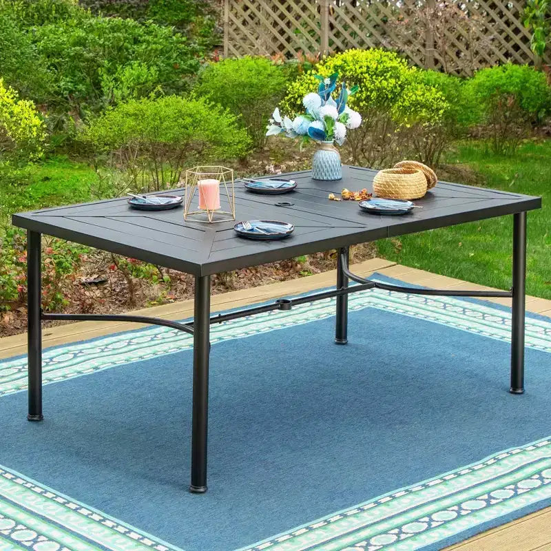 Ensemble de salle à manger d'extérieur 7 pièces avec 6 chaises avec coussins d'assise et de dossier et table rectangulaire en métal avec trou pour parasol - Captiva Designs : Thermolaqué