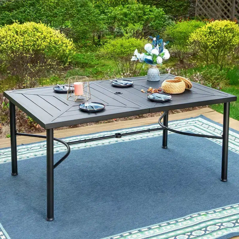 Ensemble de salle à manger d'extérieur 7 pièces avec 6 chaises avec coussins d'assise et de dossier et table rectangulaire en métal avec trou pour parasol - Captiva Designs : Thermolaqué
