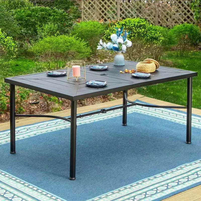 7pc Outdoor Dining Set with Aluminum Chairs & Large Rectangle Metal Table with Umbrella Hole - Gray - Captiva Designs