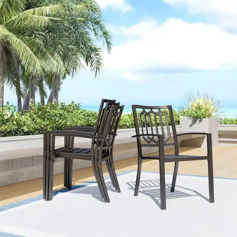 7pc Patio Dining Set with 59"x35" Steel Table with 1.57" Umbrella Hole & Steel Arm Chairs - Black - Captiva Designs