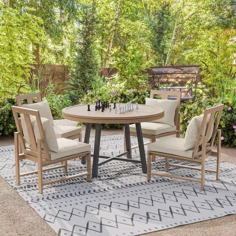 Greemotion 5 pièces Lyon ensemble repas d'extérieur convertible 3-en-1 avec chaises rembourrées marron : aluminisé, résistant aux UV, 4 places