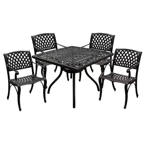 5pc Outdoor Set with Ornate 37" Mesh Aluminum Black Square Table with Modern Chairs - Oakland Living