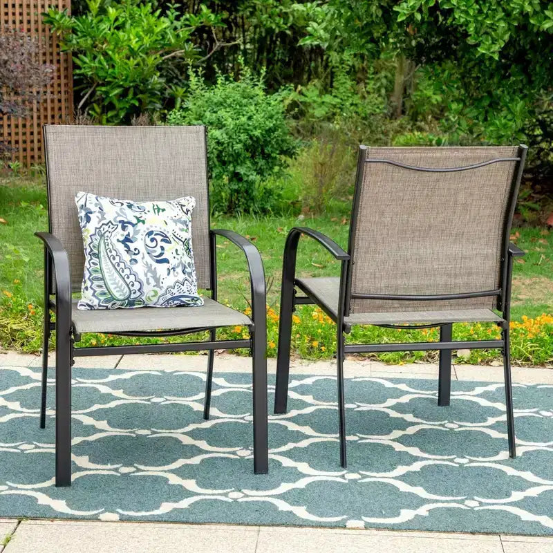 Ensemble de salle à manger d'extérieur 7 pièces Captiva Designs avec table en faux bois/acier avec trou pour parasol et chaises en métal rembourrées avec accoudoirs
