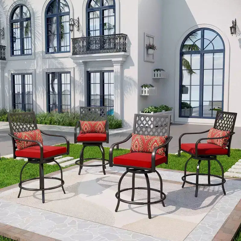 Ensemble de bar d'extérieur 3 pièces avec tabourets pivotants et table carrée en métal avec trou pour parasol - Captiva Designs : Salon de jardin avec coussins