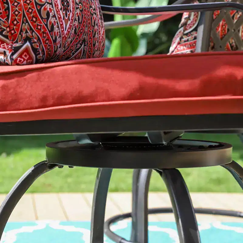 Ensemble de bar d'extérieur 3 pièces avec tabourets pivotants et table carrée en métal avec trou pour parasol - Captiva Designs : Salon de jardin avec coussins
