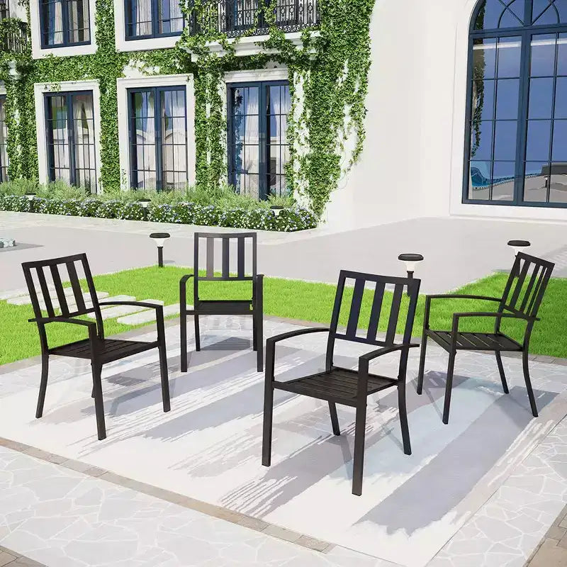 5pc Outdoor Dining Set with Striped Stackable Chairs & Round Metal Table with Umbrella Hole - Black - Captiva Designs: Steel Frame