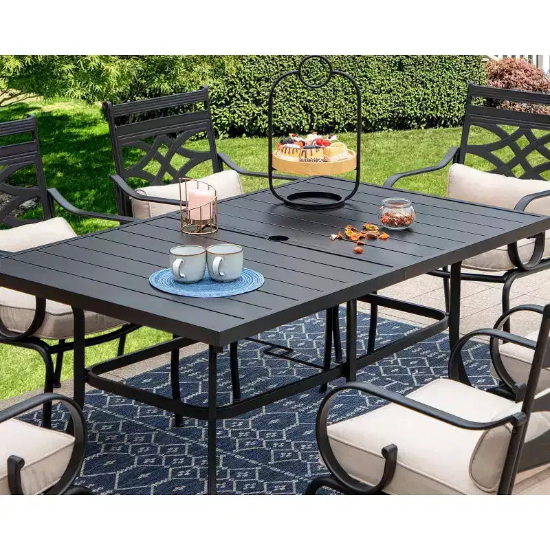 7pc Outdoor Dining Set with Chairs with Cushions & Large Metal Table with Umbrella Hole - Captiva Designs