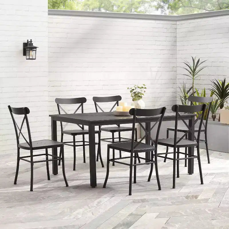 Ensemble repas d'extérieur 7 pièces en métal Astrid - Noir mat - Crosley : résistant aux intempéries, 6 chaises sans accoudoirs, table rectangulaire avec trou pour parasol