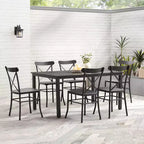 Ensemble repas d'extérieur 7 pièces en métal Astrid - Noir mat - Crosley : résistant aux intempéries, 6 chaises sans accoudoirs, table rectangulaire avec trou pour parasol