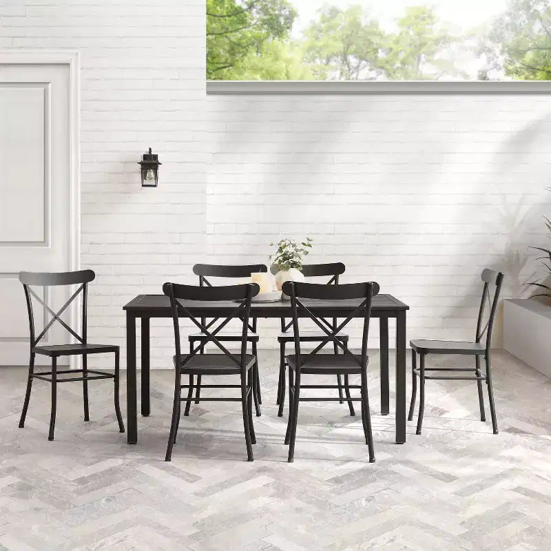 Ensemble repas d'extérieur 7 pièces en métal Astrid - Noir mat - Crosley : résistant aux intempéries, 6 chaises sans accoudoirs, table rectangulaire avec trou pour parasol