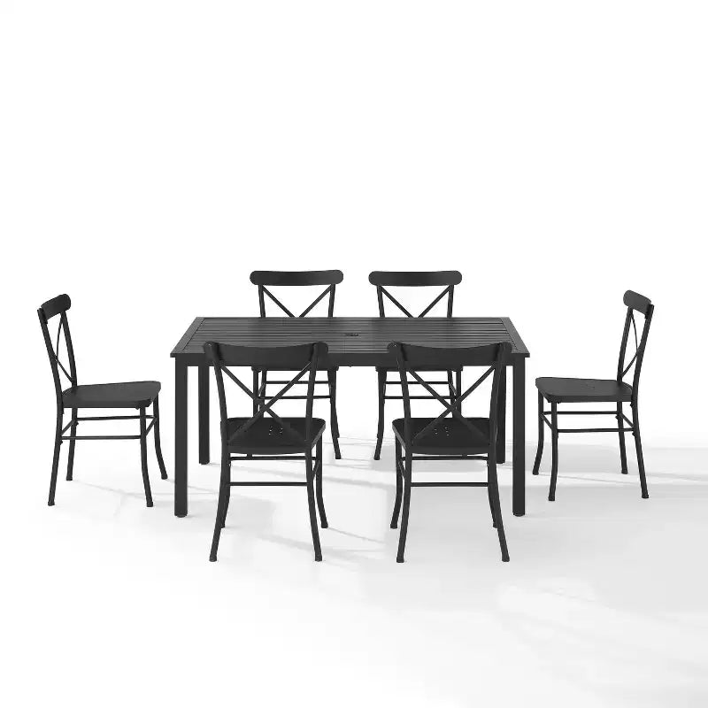 Ensemble repas d'extérieur 7 pièces en métal Astrid - Noir mat - Crosley : résistant aux intempéries, 6 chaises sans accoudoirs, table rectangulaire avec trou pour parasol