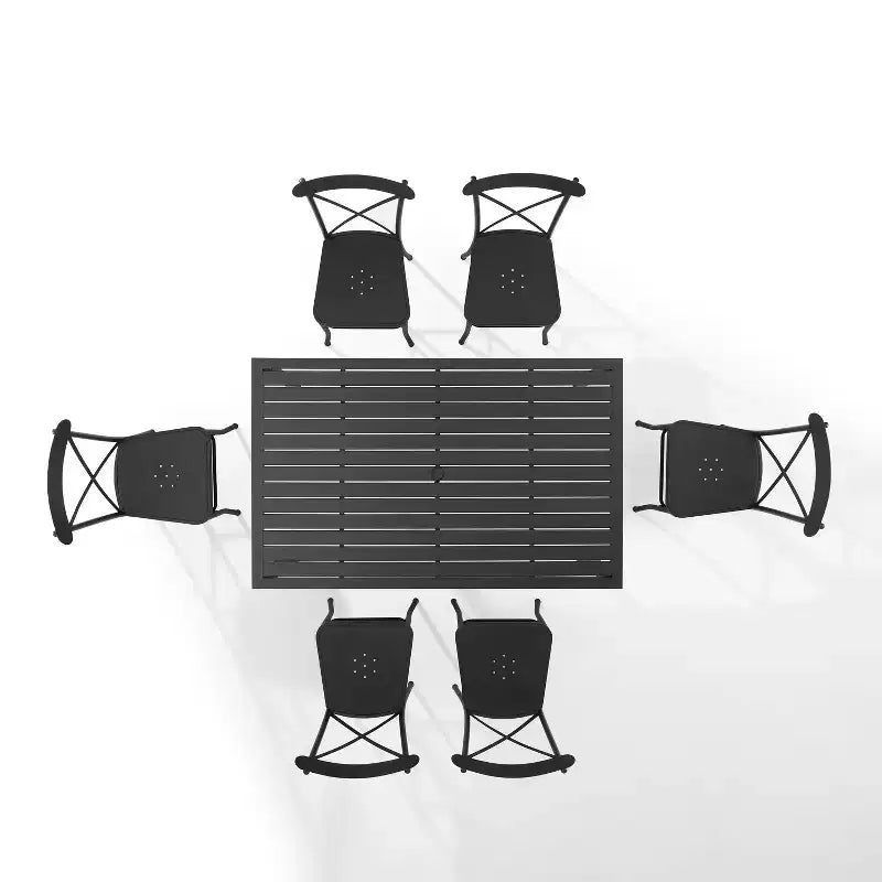 Ensemble repas d'extérieur 7 pièces en métal Astrid - Noir mat - Crosley : résistant aux intempéries, 6 chaises sans accoudoirs, table rectangulaire avec trou pour parasol