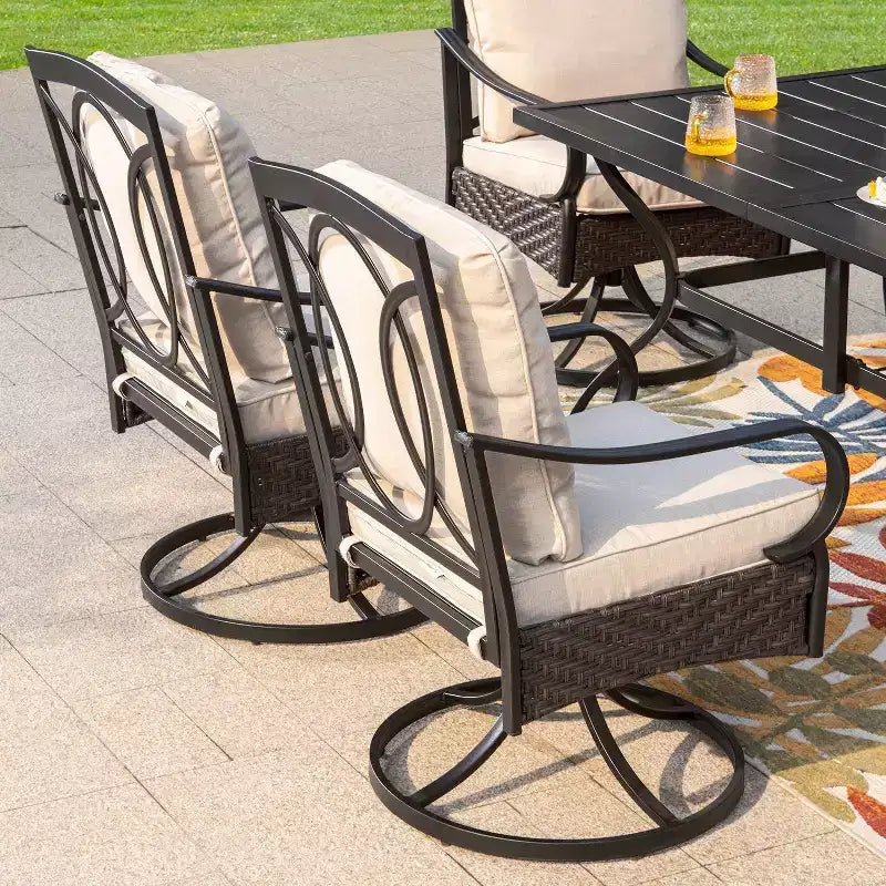 Captiva Designs 7pc Steel Outdoor Patio Dining Set with Swivel Chairs & Metal Table with Umbrella Hole Black