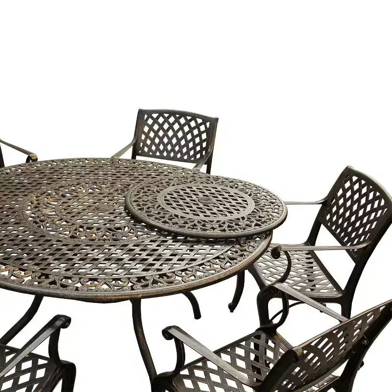 Ensemble de salle à manger d'extérieur 7 pièces avec table ronde de 150 cm en aluminium à treillis maillé de style traditionnel orné et contemporain - Bronze - Oakland Living