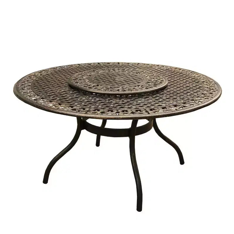 Ensemble de salle à manger d'extérieur 7 pièces avec table ronde de 150 cm en aluminium à treillis maillé de style traditionnel orné et contemporain - Bronze - Oakland Living