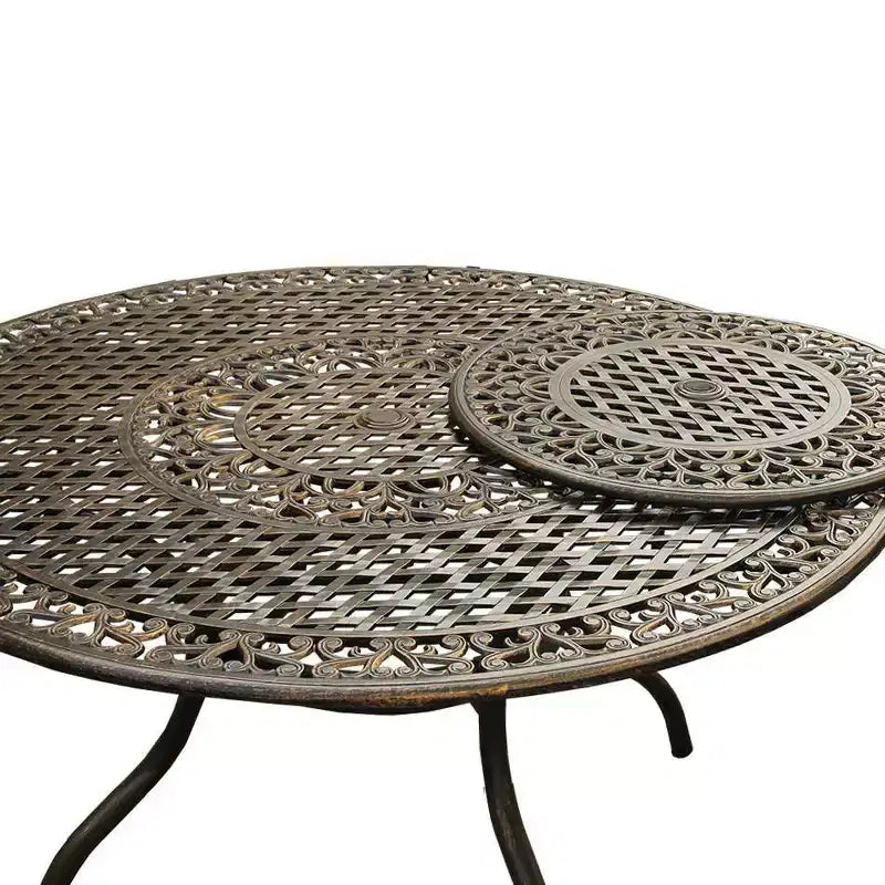 Ensemble de salle à manger d'extérieur 7 pièces avec table ronde de 150 cm en aluminium à treillis maillé de style traditionnel orné et contemporain - Bronze - Oakland Living