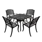 5pc Outdoor Set with 37" Modern Ornate Mesh Aluminum Black Square Table with Checker Chairs - Oakland Living