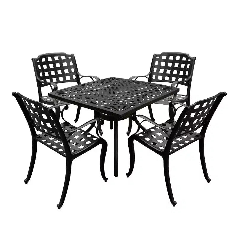 5pc Outdoor Set with 37" Modern Ornate Mesh Aluminum Black Square Table with Checker Chairs - Oakland Living